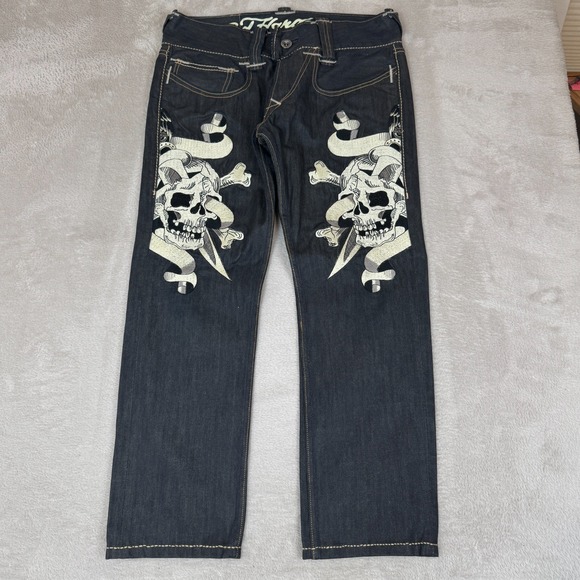 VTG Ed Hardy Skull Jeans Mens 34x34 Blue Preowned Straight Leg Denim Grunge Punk